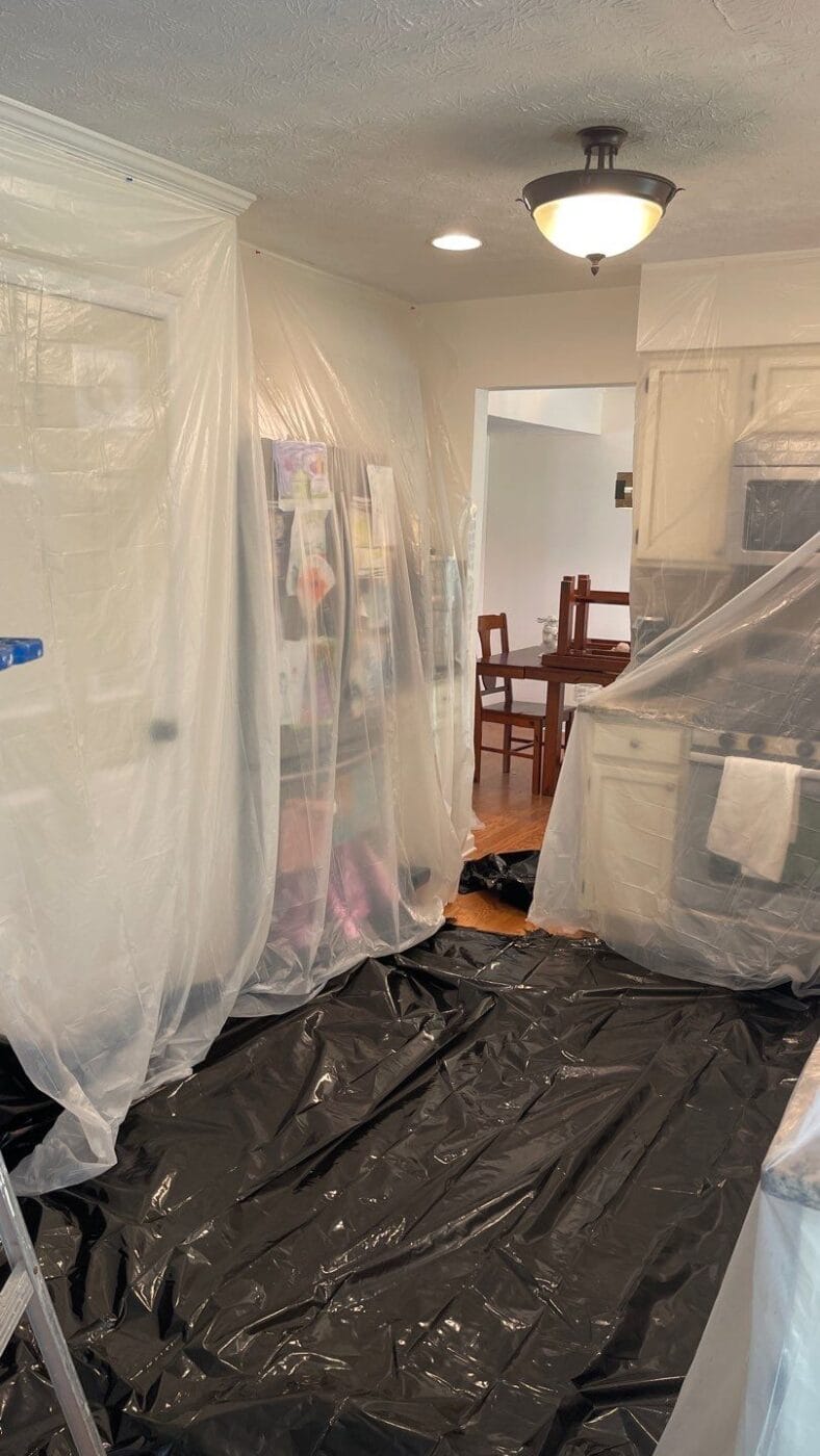 kitchen wrapped in plastic